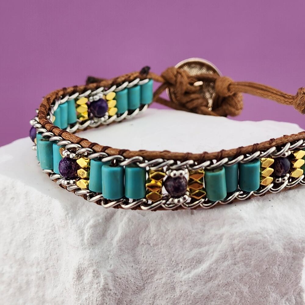 Turquoise Color Purple Bead Woven Brown Cord Bracelet Silver Tone Boho Button
